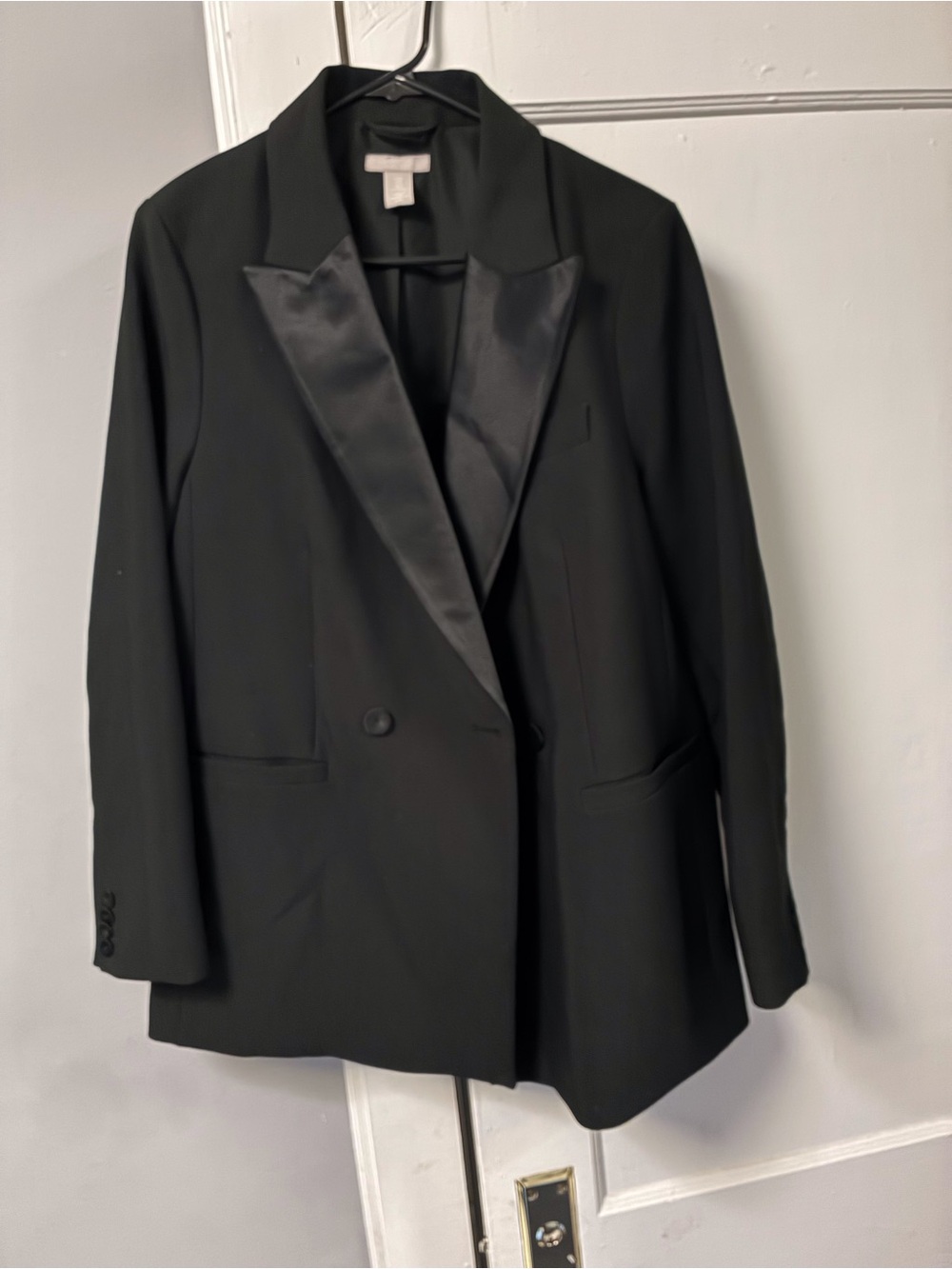 H&M Black Satin-Trim Double-Breasted Blazer
